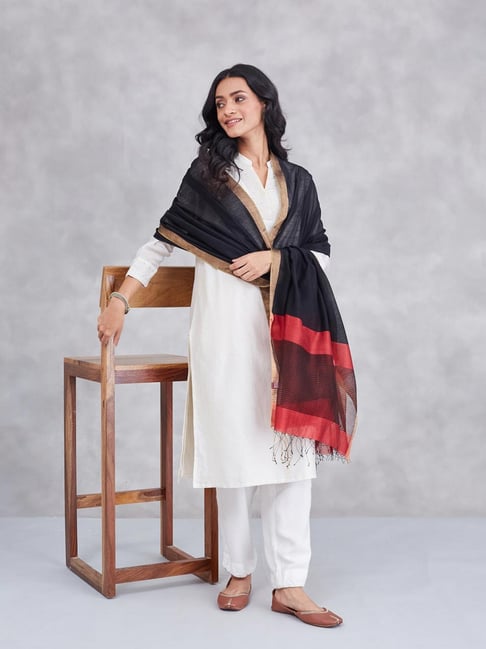 Fabindia Black Cotton Silk Blend Woven Design Dupatta-picture-28