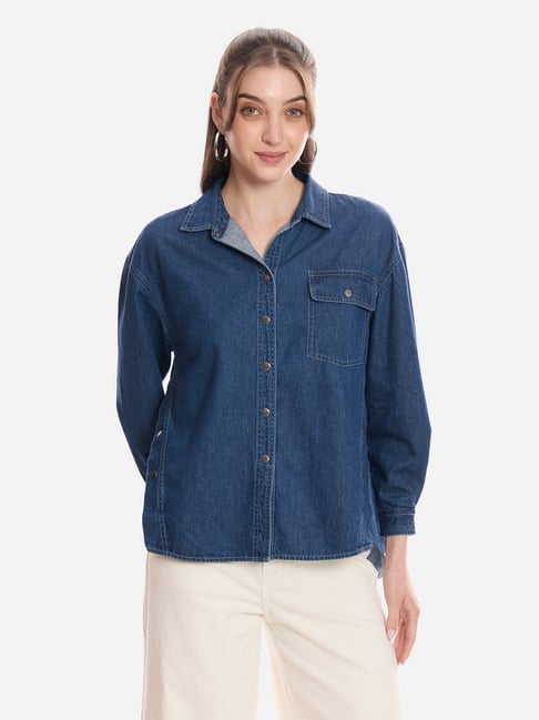 VIRGIO Navy Blue Cotton Solid Casual Shirt