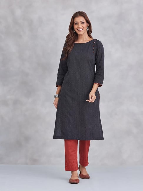 Fabindia Black Cotton Woven Design Kurta-picture-20