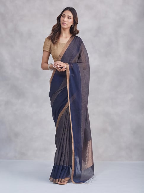 Fabindia Navy Blue Cotton Silk Blend Woven Design Saree-picture-20