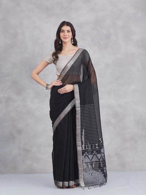 Fabindia Black Cotton Silk Blend Woven Design Saree-picture-19