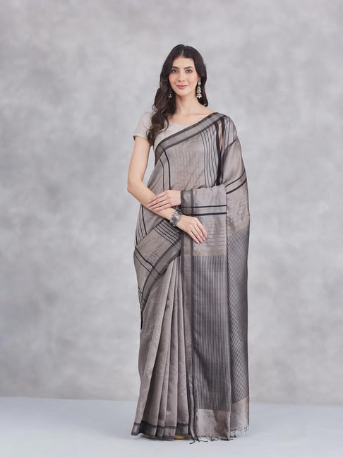 Fabindia Grey Silk Blend Woven Design Saree-picture-15