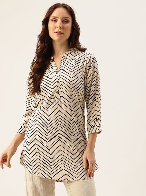 Amukti Beige Rayon Printed Three-Quarter Sleeves Tunic