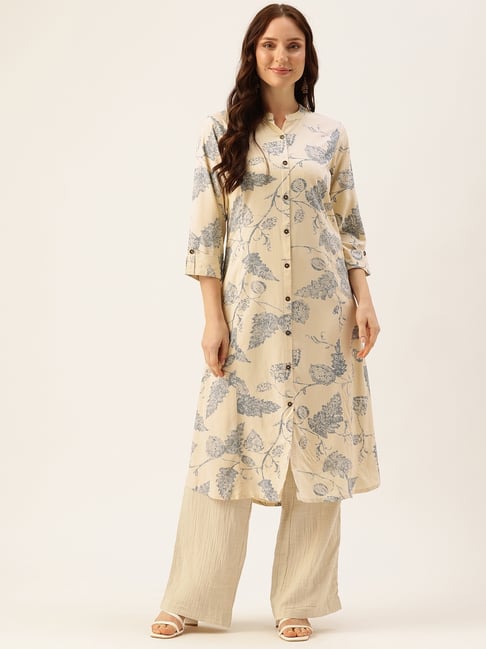 Amukti Beige Rayon Floral Three-Quarter Sleeves Kurta