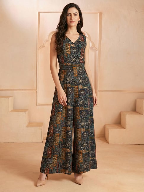 Globus Women Navy Ethnic Print V-Neck Sleeveless Waist Tie-Up Fusion Flare Jumpsuit-picture-22