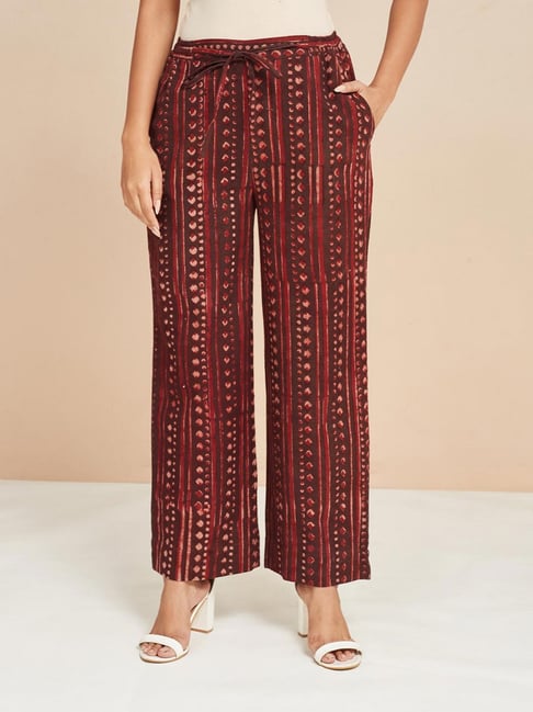 Fabindia Red Cotton Linen Printed Casual Pants