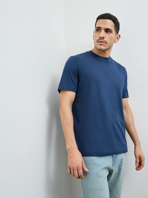 WES Casuals by Westside Indigo Solid Slim-Fit Cotton T-Shirt-picture-11