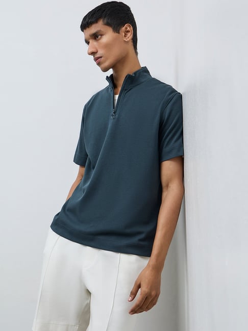 Studiofit by Westside Dark Teal Relaxed-Fit Cotton-Blend Quarter-Zip T-Shirt