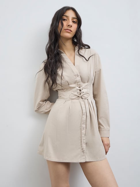 Nuon by Westside Light Beige Cotton-Blend Shirt Dress Nuon by Westside Light Beige Cotton-Blend Shirt Dress
