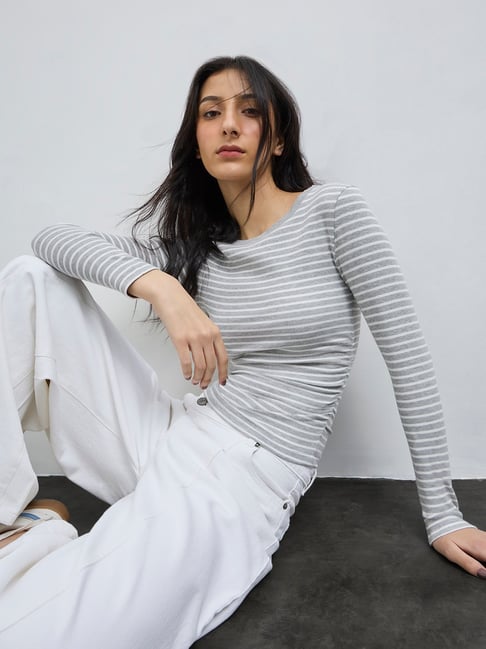 Nuon by Westside Grey Striped Cotton-Blend Top