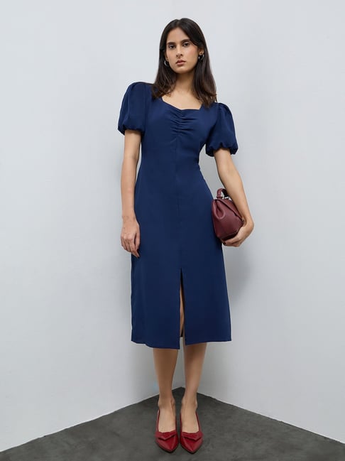 Wardrobe by Westside Dark Blue Crinkle-Textured A-Line Dress
