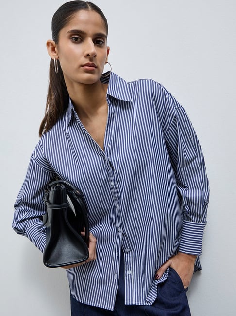 Wardrobe by Westside Navy Striped Cotton Shirt