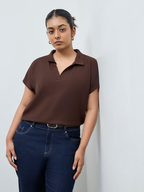 Gia by Westside Dark Brown Textured T-Shirt