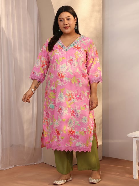 Extra Love By Libas Pink Silk Floral Print Kurta-picture-17