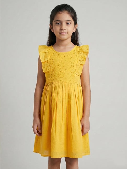 Creative Kid's Girls Yellow Cotton Embroidered Regular Fit Dress