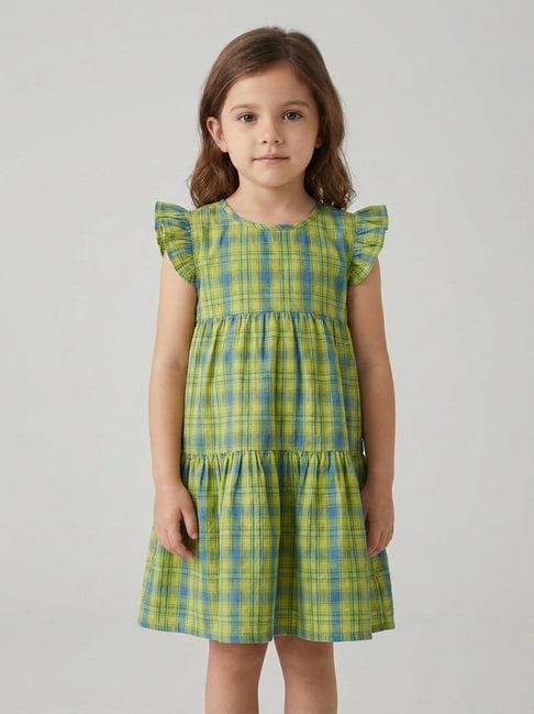 Creative Kid's Girls Blue and Green Cotton Printed Regular Fit Dress