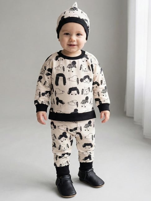 Creative Kid's White and Black Printed Regular Fit Clothing Set