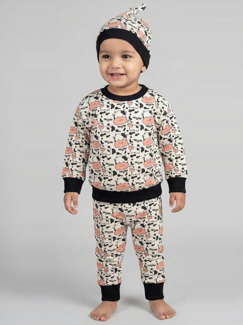 Creative Kid's White and Black Printed Regular Fit Clothing Set