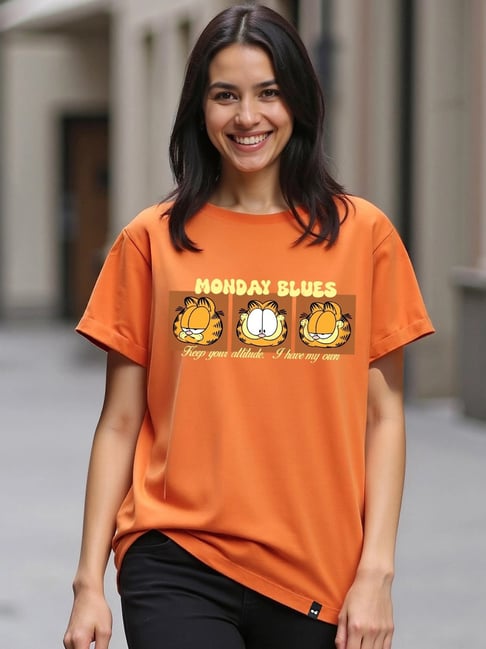 Bewakoof Official Garfield Women's Caramel Graphic Printed Boyfriend T-Shirt
