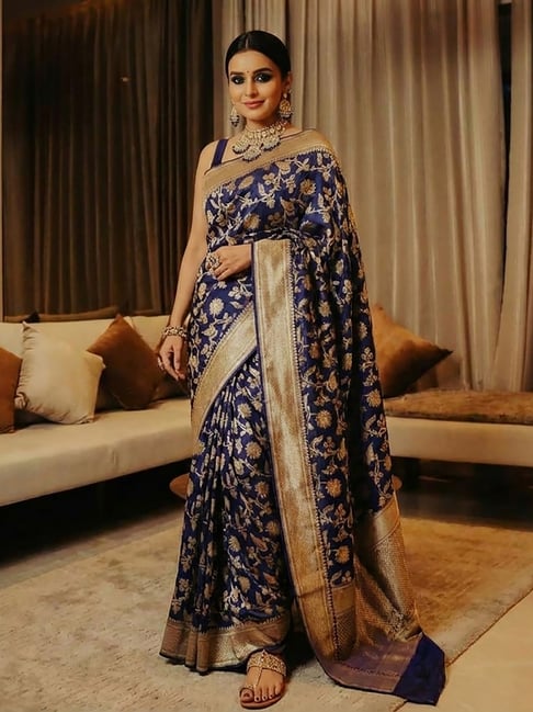 Anjaneya Sarees Blue Banarasi Silk Woven Design Saree with Unstitched Blouse-picture-42