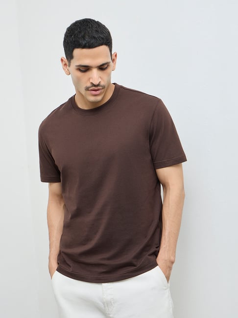 WES Casuals by Westside Dark Brown Solid Slim-Fit Cotton T-Shirt