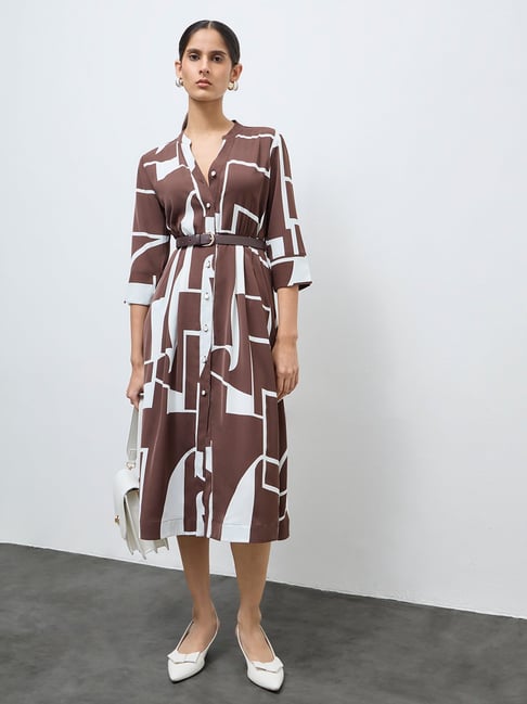 Wardrobe by Westside Brown Abstract Design Shirt Dress