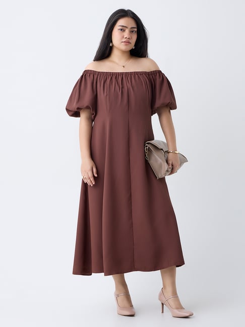 Gia by Westside Brown Solid Off-Shoulder Dress