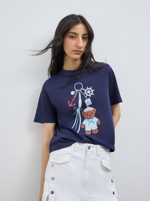 Nuon by Westside Navy Printed Cotton T-Shirt