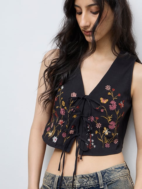 Bombay Paisley by Westside Black Embroidered Tie-Up Top