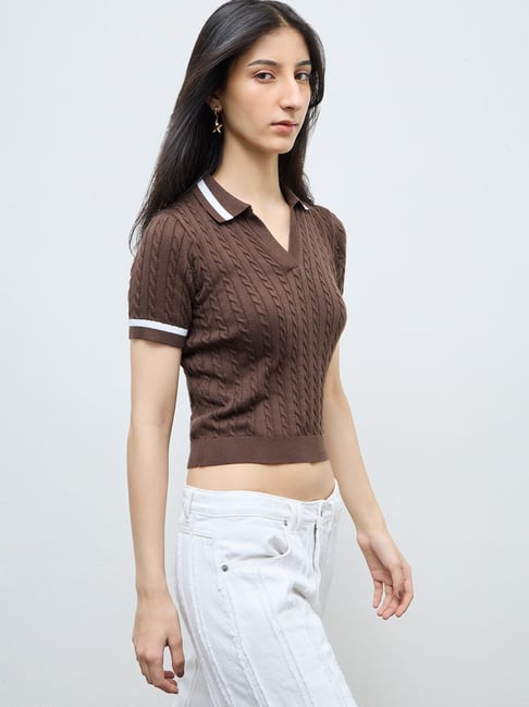 Nuon by Westside Dark Brown Cable-Knit Textured T-Shirt