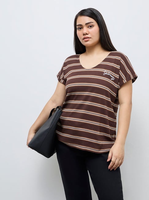 Gia by Westside Brown Striped Top