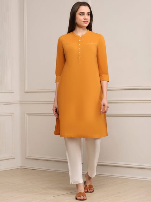 Biba Mustard Cotton Solid Kurti-picture-38