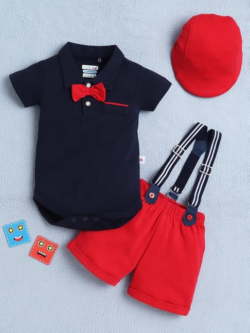 Bumzee Boys Navy & Red Regular Fit Cotton Suit Set