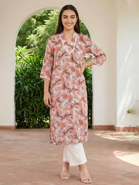 Aurelia Peach Viscose Floral Kurti-picture-12
