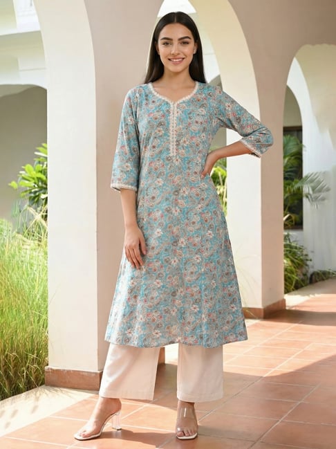 Aurelia Teal Viscose Floral Kurti-picture-37