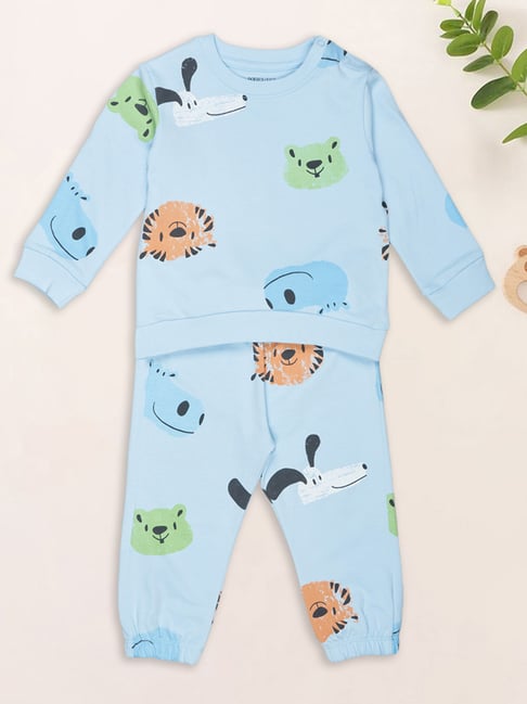 Pantaloons Baby Blue Printed Short Sleeves Sweatshirt with Joggers