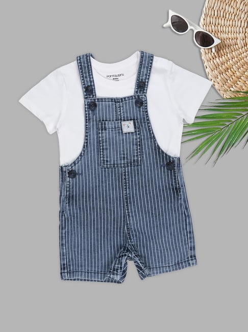 Pantaloons Baby Blue Striped T-Shirt with Dungaree