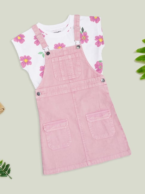 Pantaloons Junior Pink Printed Top with Dungaree Dress