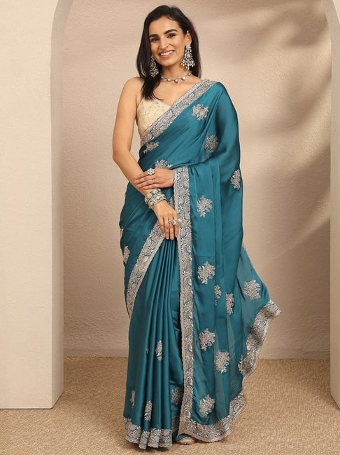 Libas Blue Silk Blend Floral Saree with Blouse Piece-picture-33