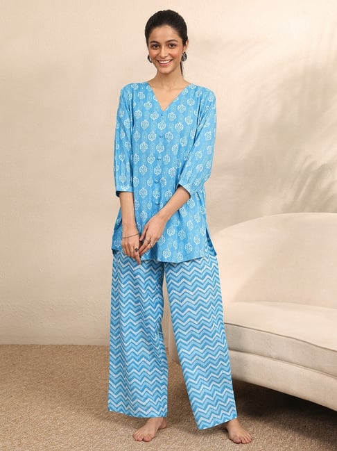 Libas Blue Cotton Blend Ethnic Motifs Three-Quarter Sleeves Night Suit-picture-41