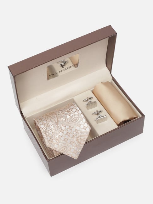 Van Heusen Beige Woven Design Tie, Pocket Square with Cufflink