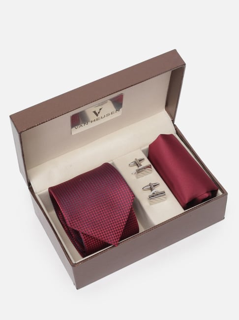 Van Heusen Maroon Woven Design Tie, Pocket Square with Cufflink-image-23