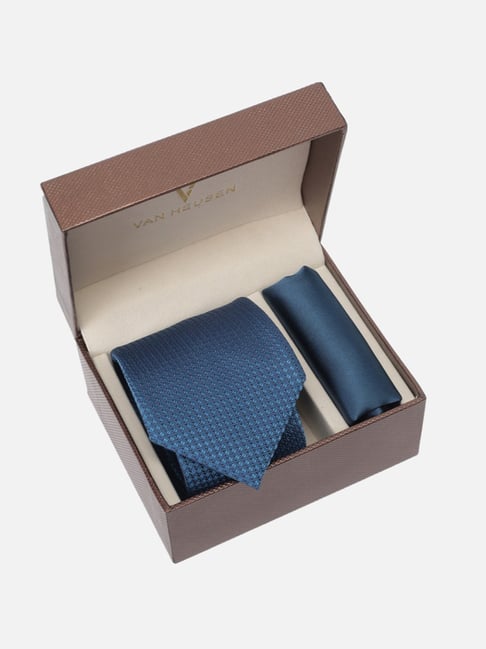 Van Heusen Blue Embroidered Tie with Pocket Square