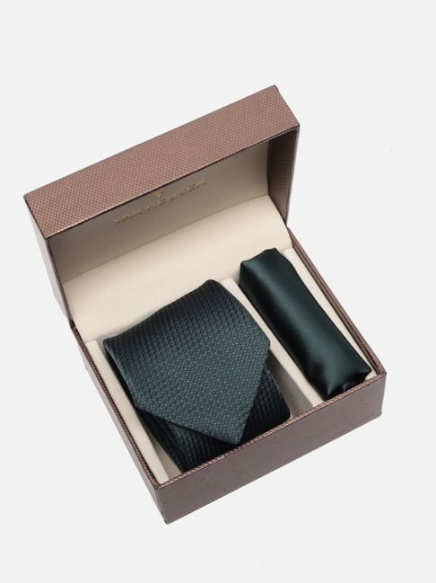 Van Heusen Green Embroidered Tie with Pocket Square