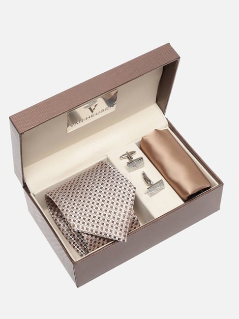 Van Heusen Beige Embroidered Tie, Pocket Square with Cufflink