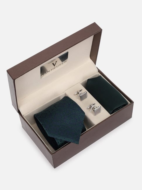 Van Heusen Green Embroidered Tie, Pocket Square with Cufflink