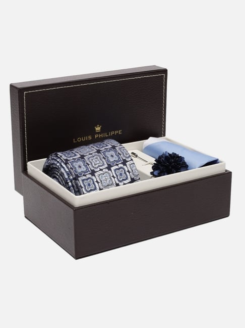 Louis Philippe Blue Embroidered Tie, Pocket Square with Lapel Pin