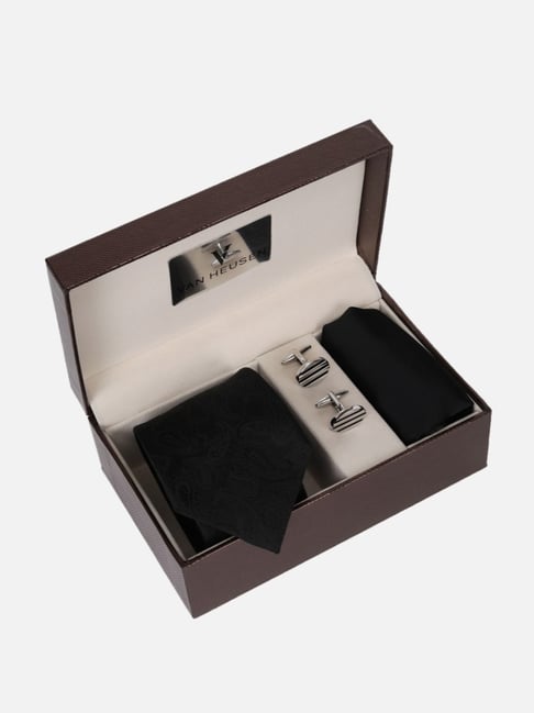 Van Heusen Black Embroidered Tie, Pocket Square with Cufflink
