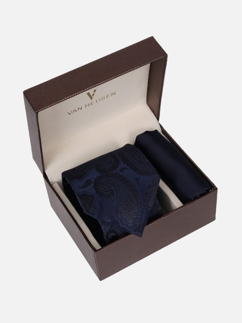 Van Heusen Navy Printed Tie with Pocket Square