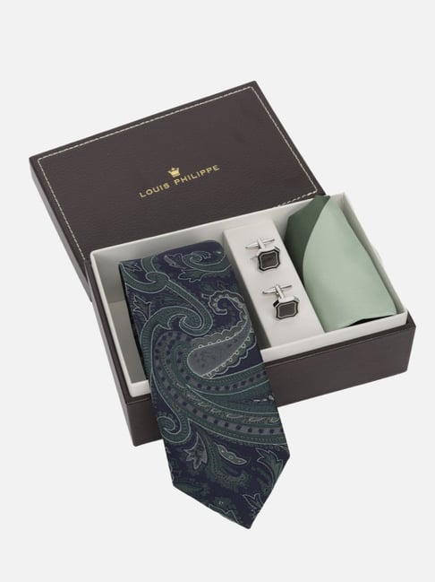 Louis Philippe Navy Embroidered Tie, Pocket Square with Cufflink